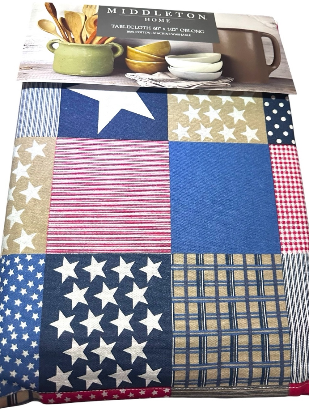 Middleton Home Patriotic Patchwork Tablecloth featuring a 4th of July Americana